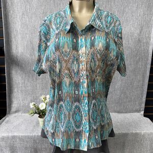 Cato Woman Plisse Blouse 26/28W Teal Abstract Micro Pleat Button Down Shirt Plus